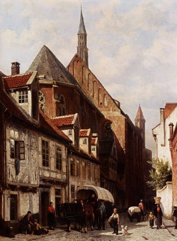 Street in Bremen with the Saint Johann Church in the Background by Cornelis Springer, hand-painted oil painting reproduction