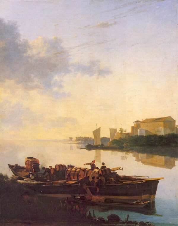 Barge on a River at Sunset by Adam Pynacker, hand-painted oil painting reproduction