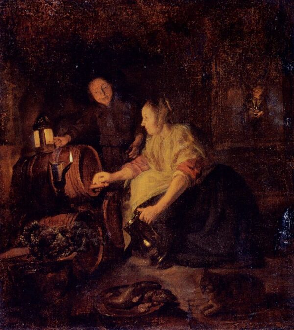 A Woman Drawing Wine From A Barrel by Gabriel Metsu, hand-painted oil painting reproduction