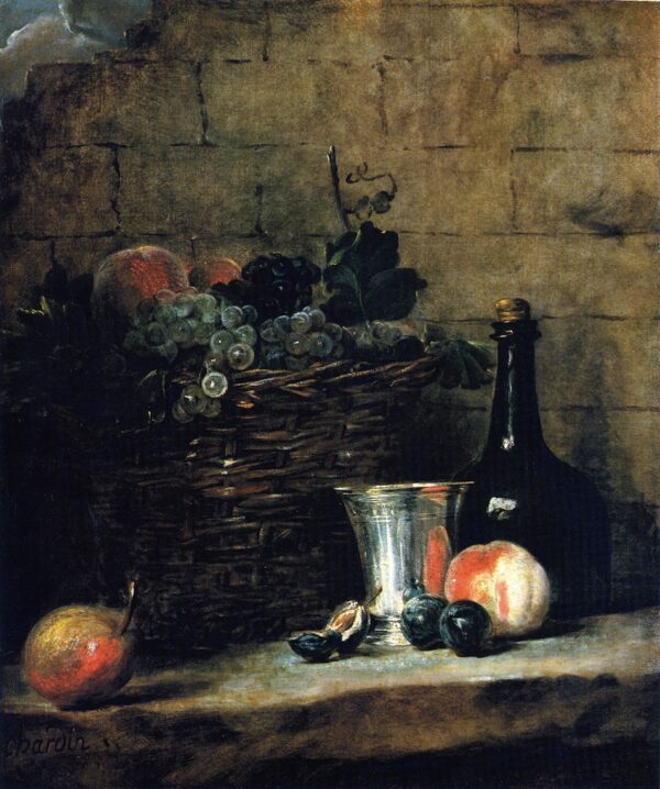 Basket of White and Red Grapes with Silver Goblet Bottle Peaches by Jean-Baptiste-Siméon Chardin, hand-painted oil painting reproduction