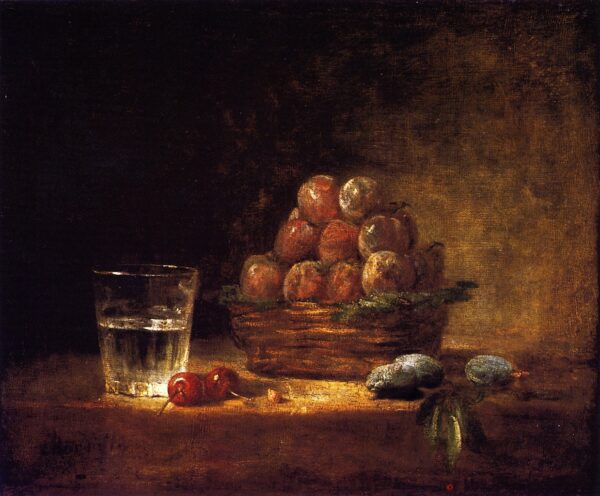 Basket of Plums with a Glass of Water Two Cherries a Cherry Ston by Jean-Baptiste-Siméon Chardin, hand-painted oil painting reproduction