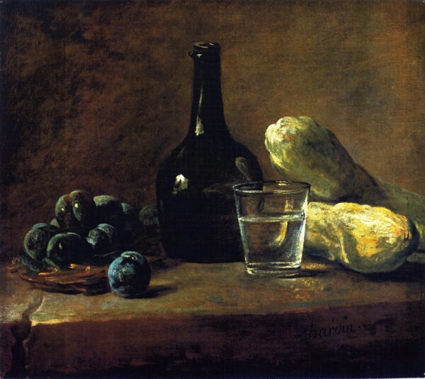 Basket of Plums Bottle Glass of Water and cucumbers by Jean-Baptiste-Siméon Chardin, hand-painted oil painting reproduction