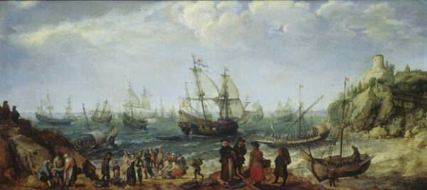 Warships off the Coast with a Fishmarket on the Beach by Adam Willaerts, hand-painted oil painting reproduction