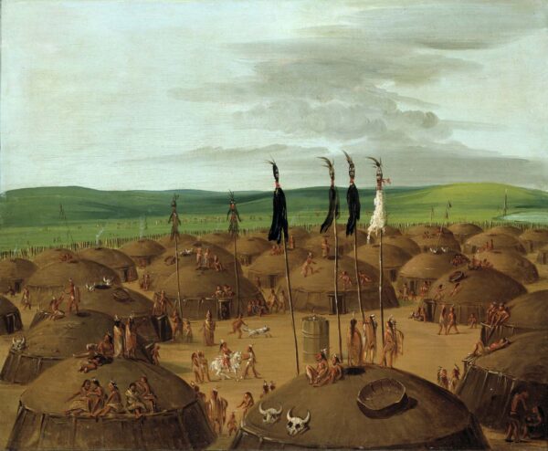 Bird’s eye View of the Mandan Village, 1800 Miles above St. Louis by George Catlin, hand-painted oil painting reproduction