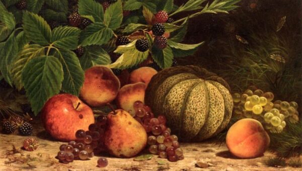 Still Life with Melon, Grapes, Peaches, Pears and Black Raspberries by William Mason Brown, hand-painted oil painting reproduction
