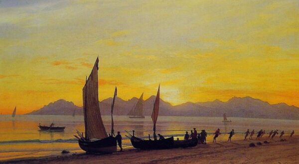 Boats Ashore at Sunset by Albert Bierstadt, hand-painted oil painting reproduction