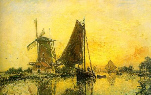 Boats Near The Mill by Johan Jongkind, hand-painted oil painting reproduction