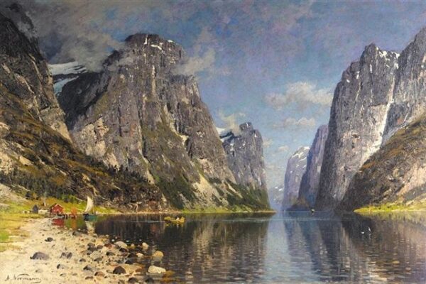 Boats in a Fjord by Adelsteen Normann, hand-painted oil painting reproduction