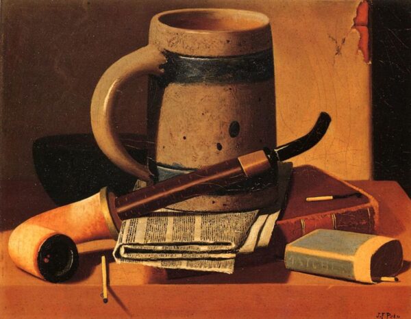 Still Life with Pipe, Beer Stein, Newspaper, Book and Matches by John Frederick Peto, hand-painted oil painting reproduction