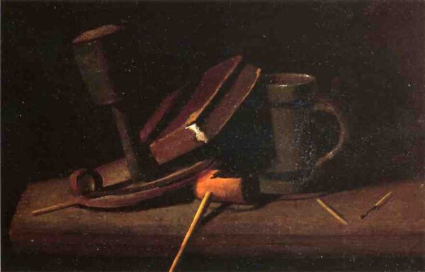 Still Life with Lamp, Pipe, Matches, Book and Mug by John Frederick Peto, hand-painted oil painting reproduction