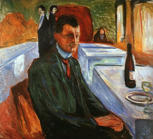 Self-Portrait with a Wine Bottle by Edvard Munch, hand-painted oil painting reproduction