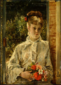 Young Woman in White Holding a Bouquet by Alfred Stevens, hand-painted oil painting reproduction