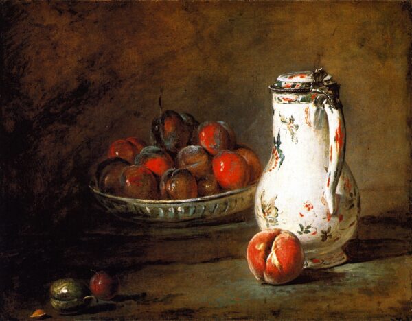 Bowl of Plums a Peach and Water Pitcher by Jean-Baptiste-Siméon Chardin, hand-painted oil painting reproduction