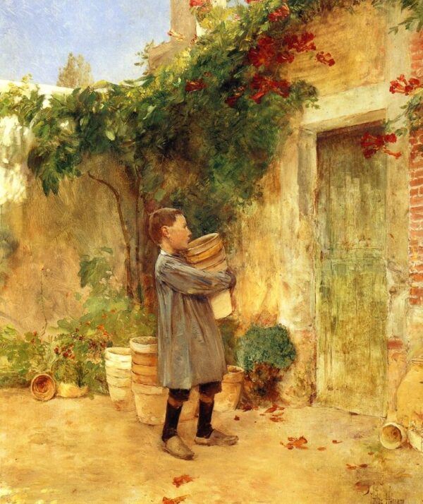 Boy with Flower Pots by Frederick Childe Hassam, hand-painted oil painting reproduction