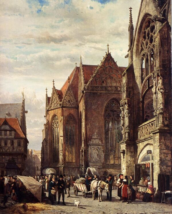 Figures in the Market Square in Front of the Martinikirche, Braunschweig by Cornelis Springer, hand-painted oil painting reproduction