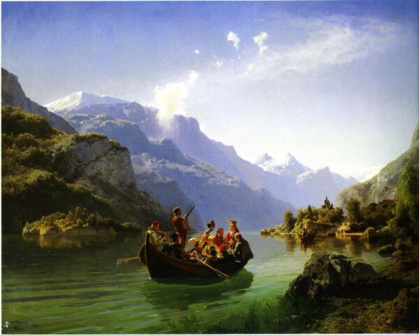 Bridal Procession on the Hardanger Fjord by Hans Gude, hand-painted oil painting reproduction