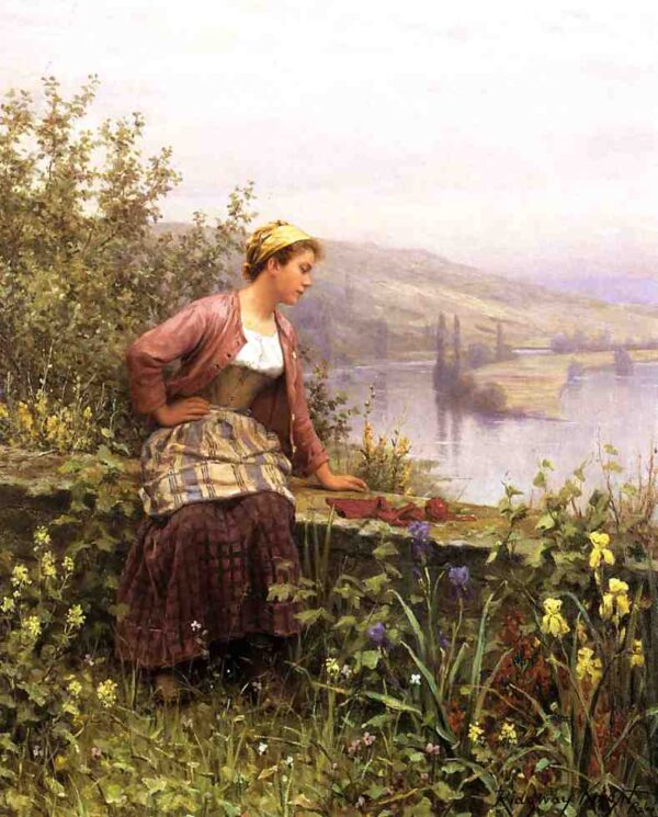 Brittany Girl Overlooking Stream by Daniel Ridgway Knight, hand-painted oil painting reproduction