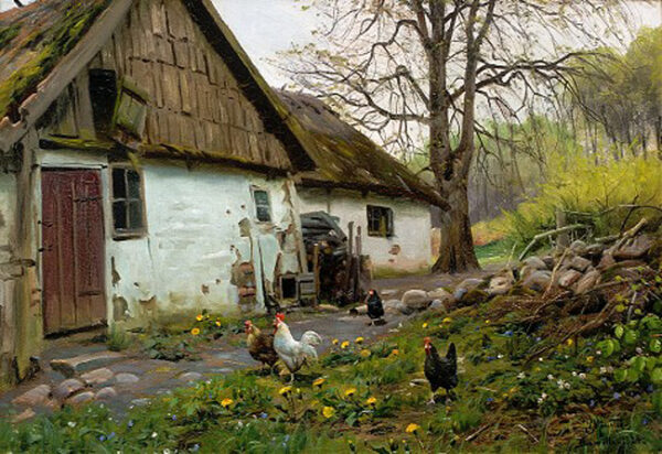 Bromolle Farm with Chickens by Peder Mørk Mønsted, hand-painted oil painting reproduction