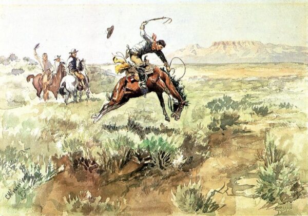Bronco Busting by Charles Marion Russell, hand-painted oil reproduction