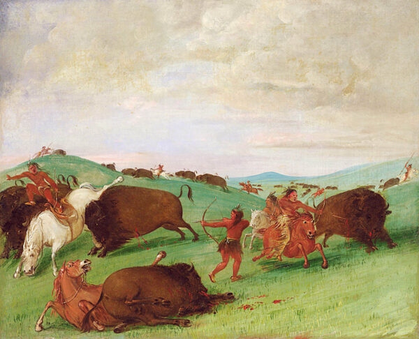 Buffalo Chase, Bulls Making Battle with Men and Horses by George Catlin, hand-painted oil painting reproduction
