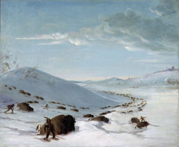 Buffalo Chase in Winter, Indians on Snowshoes by George Catlin, hand-painted oil painting reproduction