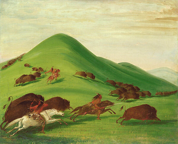Buffalo Chase over Prairie Bluffs by George Catlin, hand-painted oil painting reproduction
