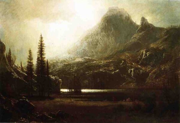 By a Mountain Lake by Albert Bierstadt, hand-painted oil painting reproduction