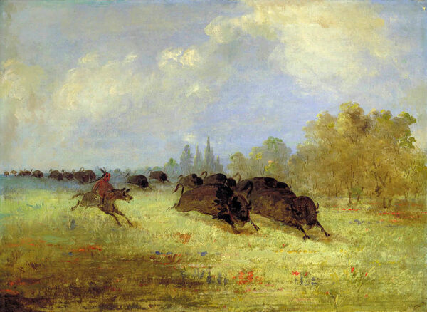 Caddo Indians Chasing Buffalo, Cross Timbers, Texas by George Catlin, hand-painted oil painting reproduction