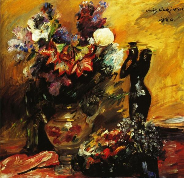 Cala Lilies andn Lilacs with a Bronze Figurine by Lovis Corinth, hand-painted oil painting reproduction