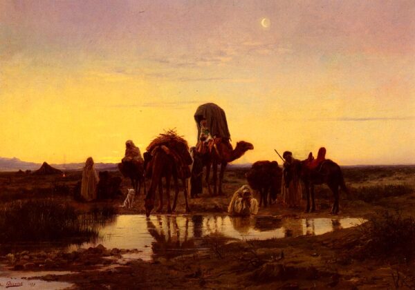 Camel Train by an Oasis at Dawn by Eugene-Alexis Girardet, hand-painted oil painting reproduction
