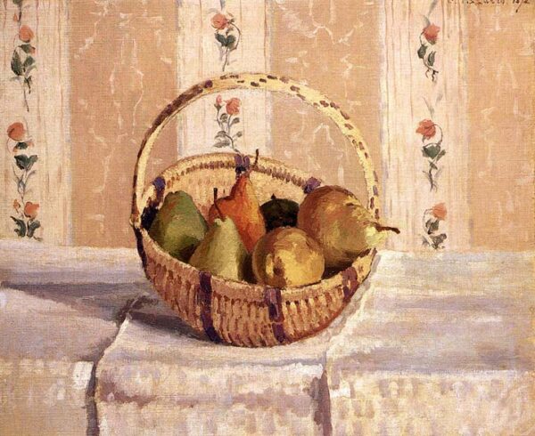 Still Life Apples and Pears in a Round Basket by Camille Pissarro, hand-painted oil painting reproduction
