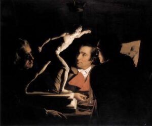 Three Persons Viewing the Gladiator by Candlelight by Joseph Wright, hand-painted oil painting reproduction