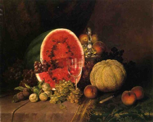 Still Life with Watermelon, Grapes, Peaches, Plums and Cantaloupe by William Mason Brown, hand-painted oil painting reproduction