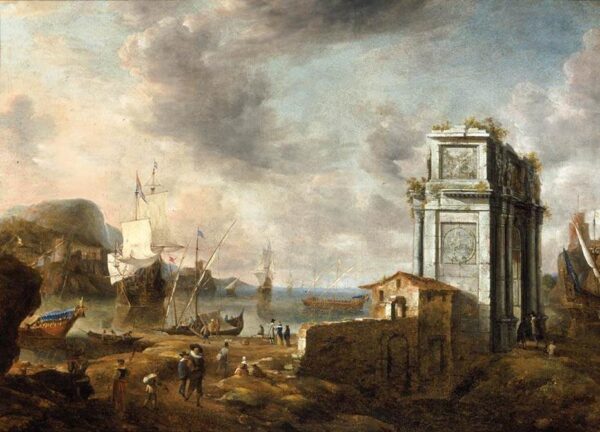 Capriccio of a Mediterranean Harbour by Jan Abrahams Beerstraten, hand-painted oil painting reproduction