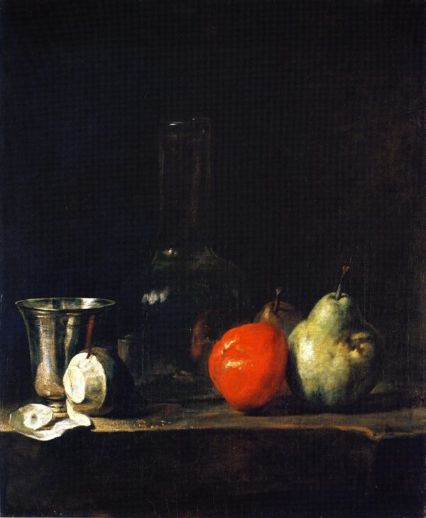 Carafe of Water Silver Goblet Peeled Lemon Apple and Pears by Jean-Baptiste-Siméon Chardin, hand-painted oil painting reproduction