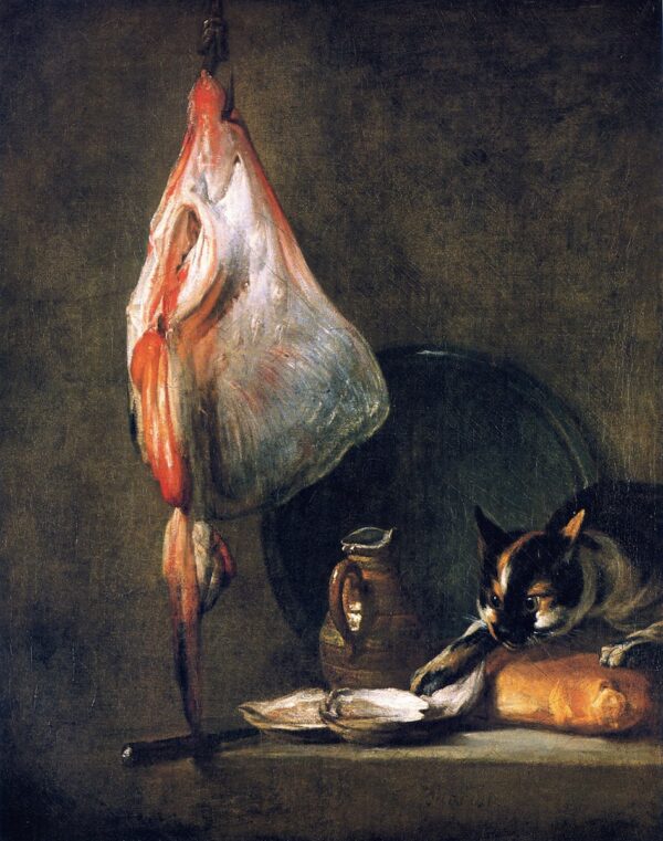 Cat with Ray Oysters Pitcher and Loaf of Bread by Jean-Baptiste-Siméon Chardin, hand-painted oil painting reproduction