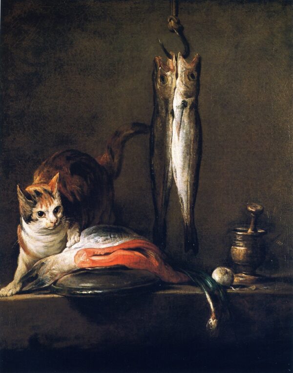 Cat with Salmon Two Mackerel Pestle and Mortar by Jean-Baptiste-Siméon Chardin, hand-painted oil painting reproduction