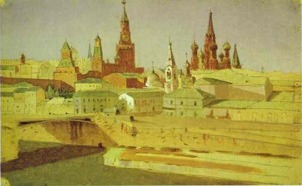 View Of The Moskvoretsky Bridge, The Kremlin, And The Pokrovsky Cathedral by Arkhip Kuindzhi, hand-painted oil painting reproduction