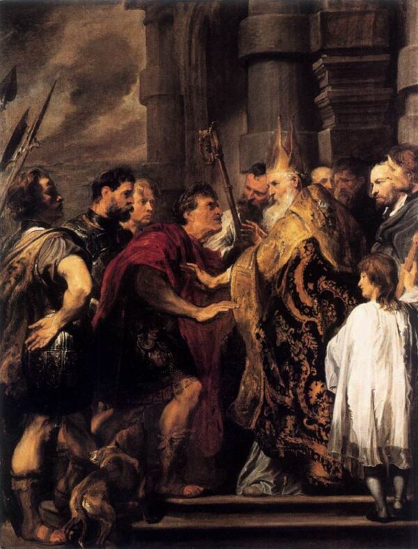 Emperor Theodosius Forbidden by St. Ambrose To Enter Milan Cathedral by Sir Anthony van Dyck, hand-painted oil painting reproduction