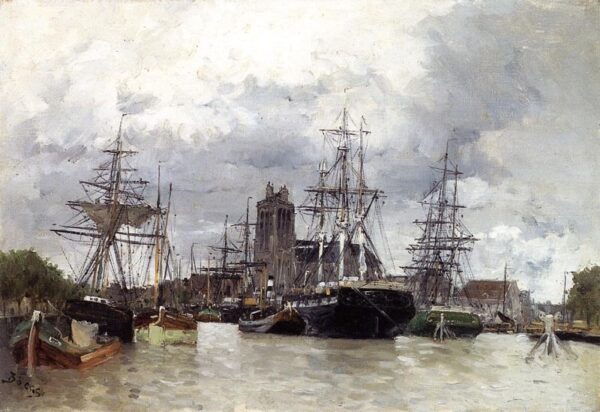 Dordrecht Harbor with Shipping and Cathedral by Frank Myers Boggs, hand-painted oil painting reproduction