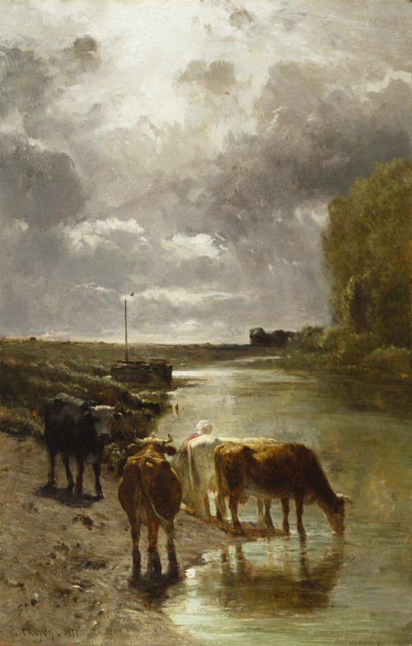 Cattle Drinking by Constant Troyon, hand-painted oil painting reproduction