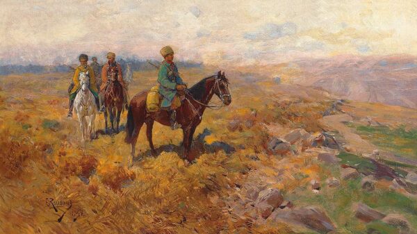 Caucasian Armed Horsemen on Patrol by Franz Roubaud, hand-painted oil painting reproduction