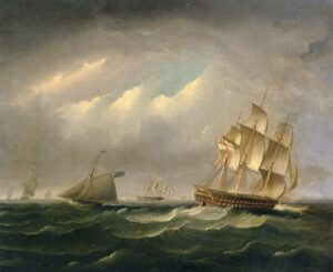 HMS Brunswick Amidst Other Shipping In The Channel by James E Buttersworth, hand-painted oil painting reproduction
