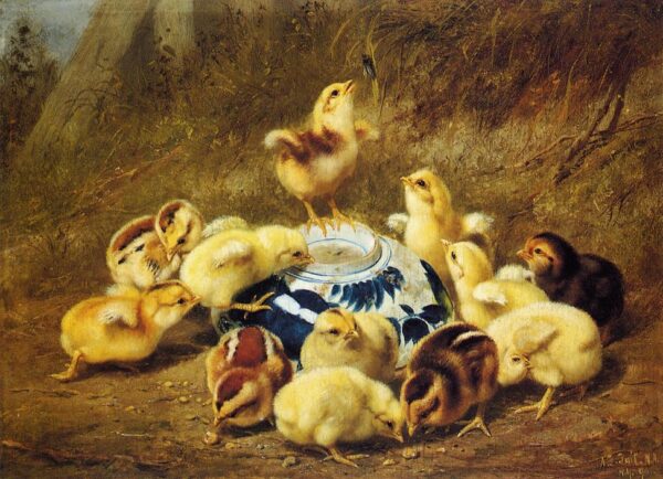 Chicks and Delft Bowl by Arthur Fitzwilliam Tait, hand-painted oil painting reproduction