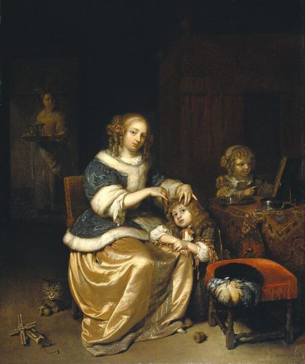 Interior With Mother Combing Hair of Child by Caspar Netscher, hand-painted oil painting reproduction
