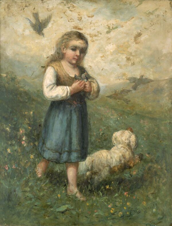 Child with Birds and Dog by Edward Mitchell Bannister, hand-painted oil painting reproduction