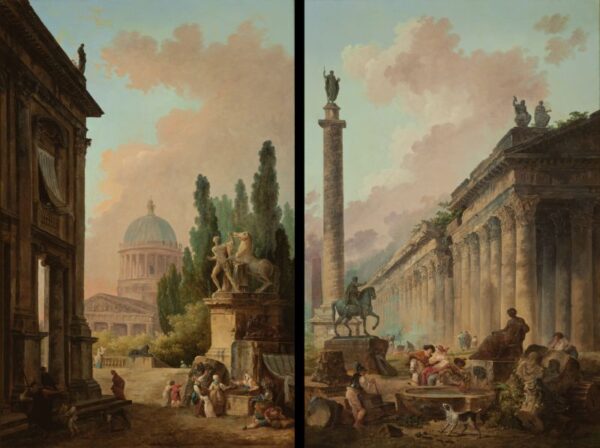 Imaginary View of Rome with the Horse-Tamer of the Monte Cavallo and a Church by Hubert Robert, hand-painted oil painting reproduction