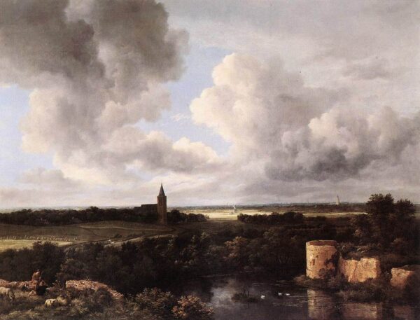 An Extensive Landscape with a Ruined Castle and a Village Church by Jacob Isaackszoon van Ruisdael, hand-painted oil painting reproduction