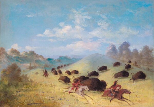 Comanche Indians Chasing Buffalo with Lances and Bows by George Catlin, hand-painted oil painting reproduction