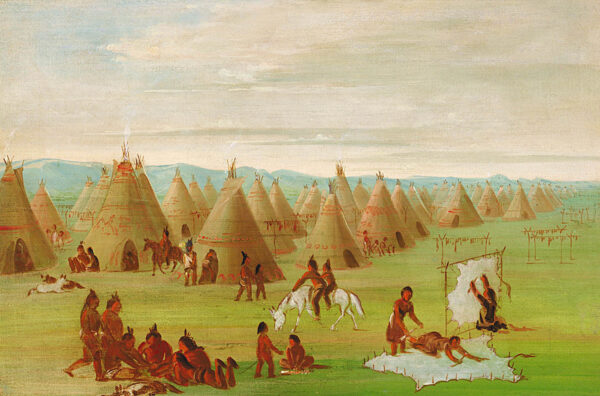Comanche Village, Women Dressing Robes and Drying Meat by George Catlin, hand-painted oil painting reproduction